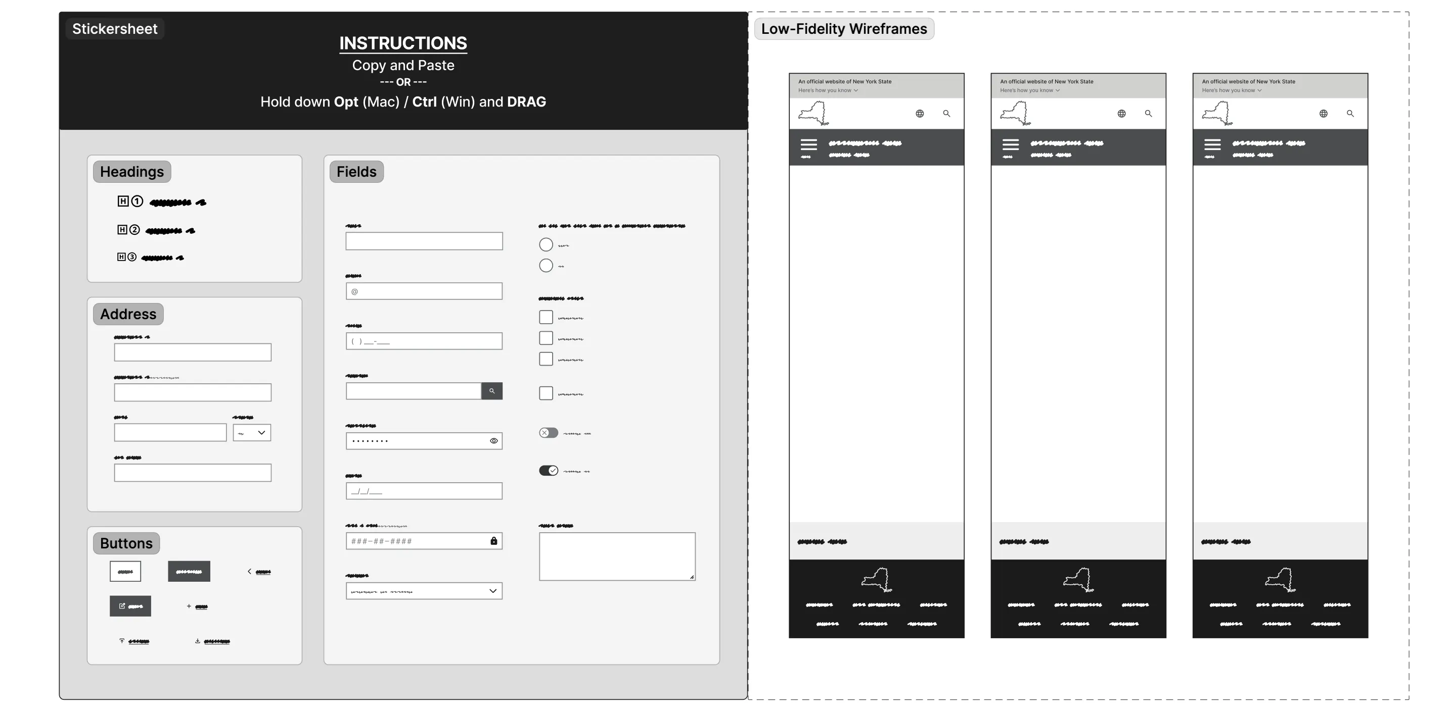 Wireframe sticker sheet with low-fidelity system components laid out for FigJam use