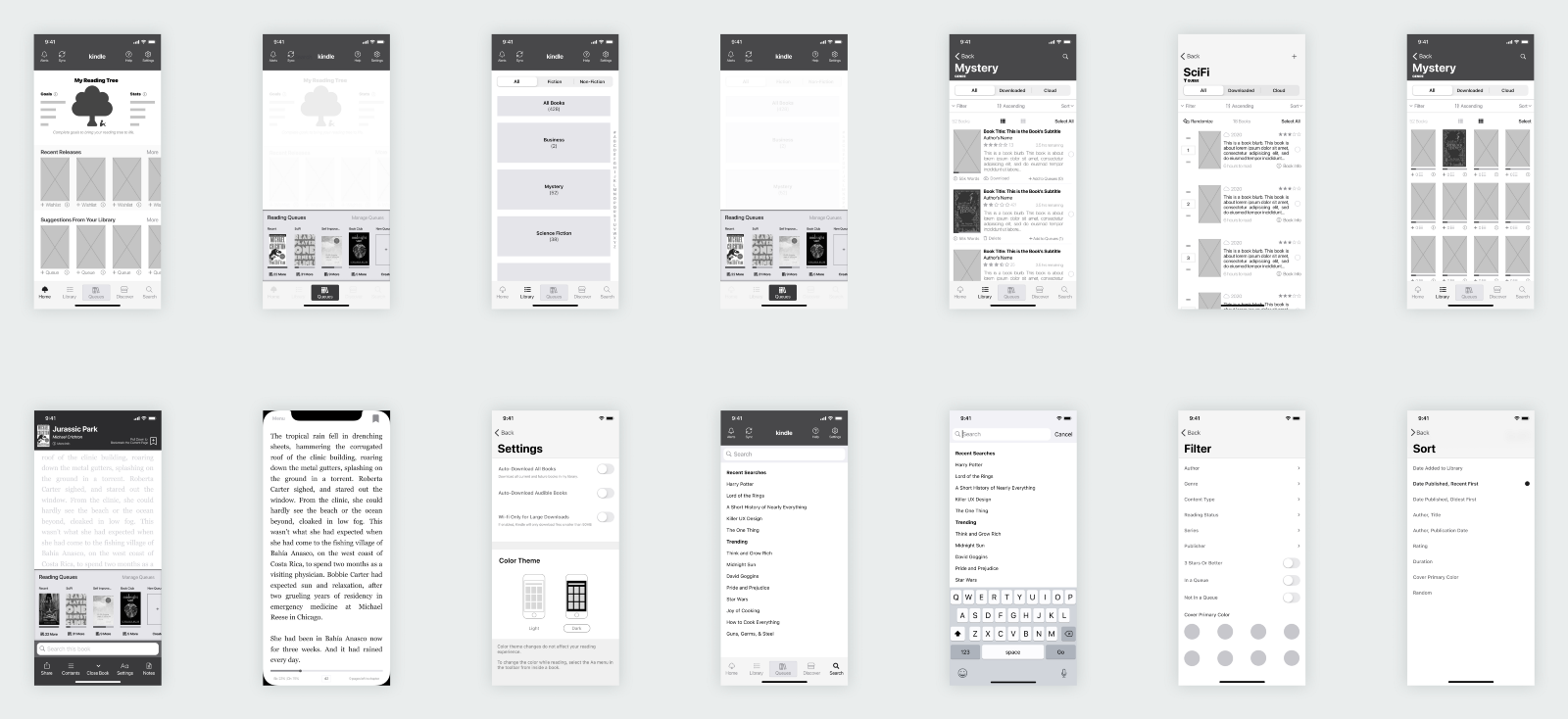 Low-fidelity wireframes — Home, Library, and In-Book screens
